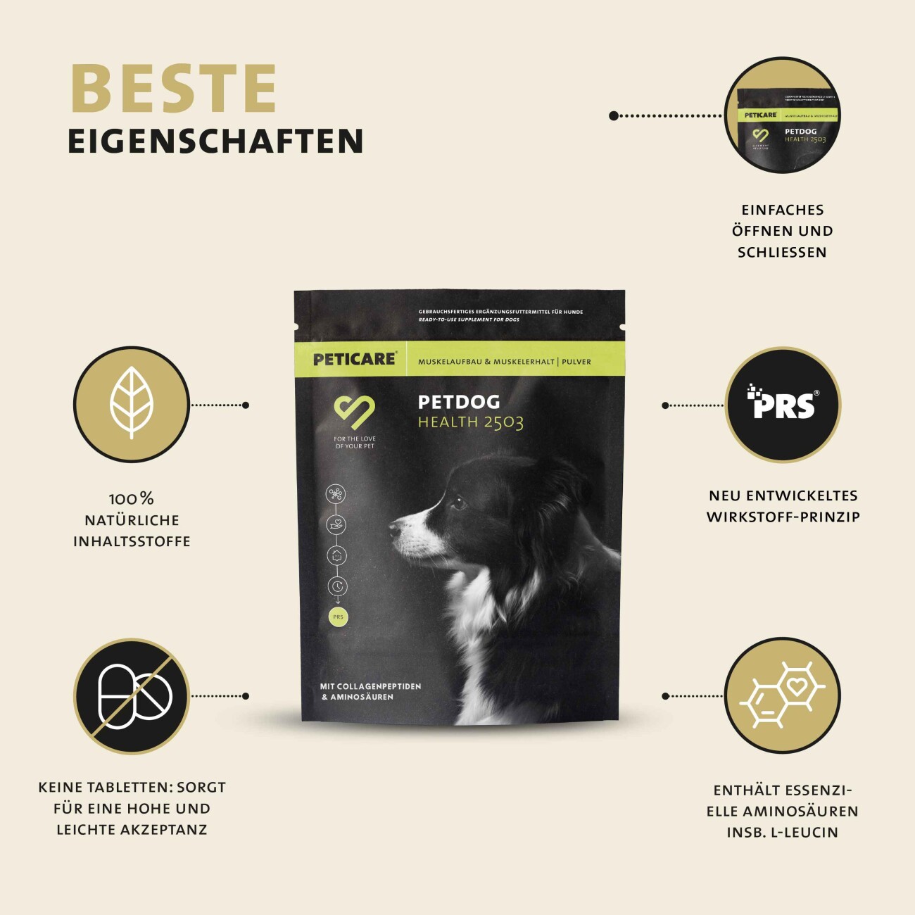 Peticare Muskulatur Pulver für Hunde, mit essenziellen Aminosäuren, Kollagen 125 g