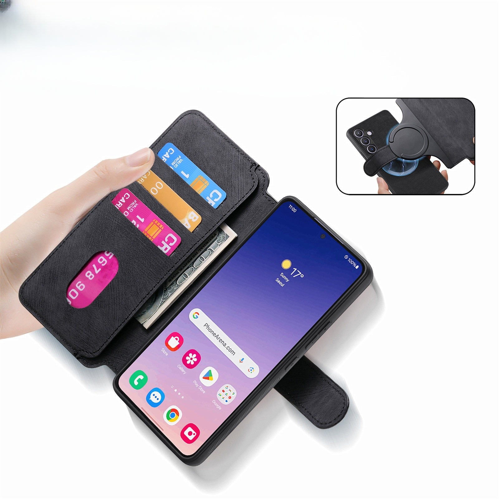 Samsung Galaxy S25 Leder Case Schutzhülle   Abnehmbare Tasche inkl. Kartenfächer MagSafe-Modul - Schwarz