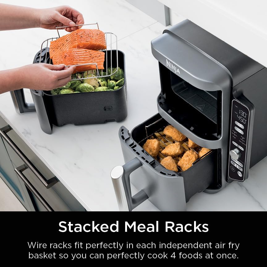 Ninja SL401 DoubleStack XL Friteuse à air comprimé à 2 paniers, technologie DoubleStack cuit 4 aliments à la fois, design compact, 10 litres, 6 en 1, finition intelligente et cuisson des allumettes