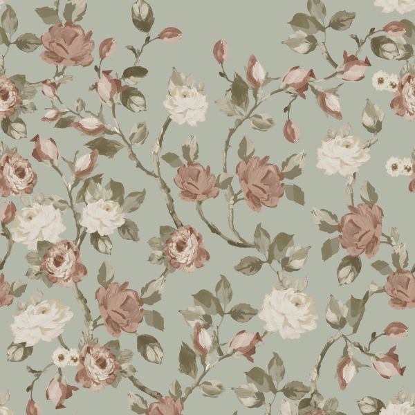 Estahome Vintage Bloemen Fotobehang  - 1,5 x 2,79 m - Vergrijsd Mintgroen / Oudroze