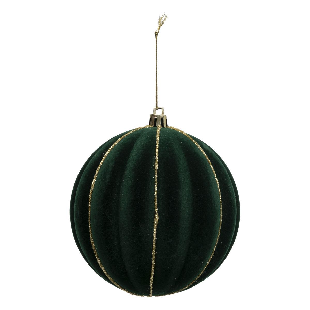 BOULE DE NOEL PLASTIQUE VELOURS VERT OR 10CM