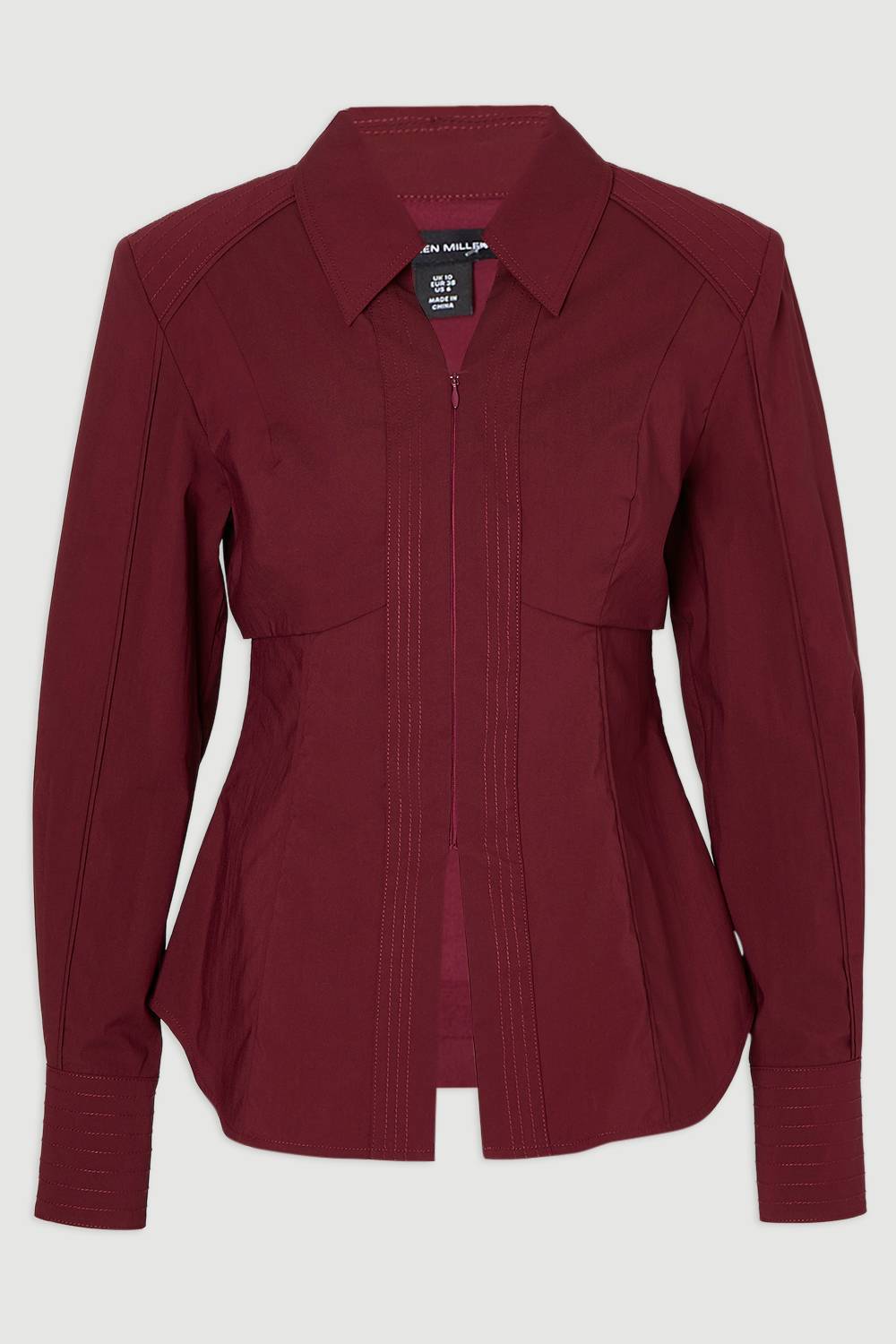 KarenMillen Chemise Manches Longues en Coton Tissé avec Détails Plissés