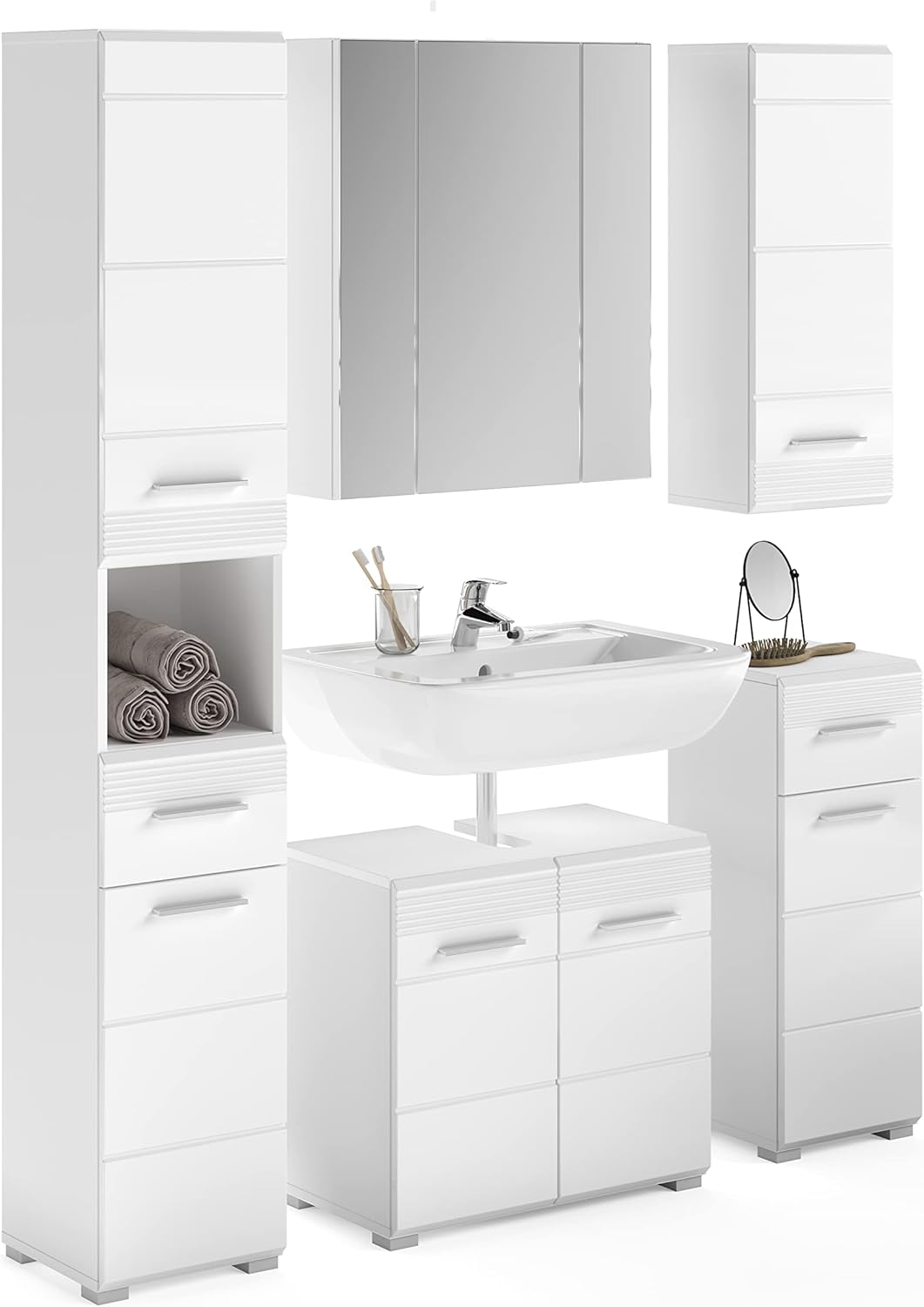 xonox.home - Hochschrank Linus 30x182x31 cm in Front weiß Hochglanz Korpus weiß - Badezimmer Badschrank schmaler Badezimmerschrank - modern, platzsparend und funktional