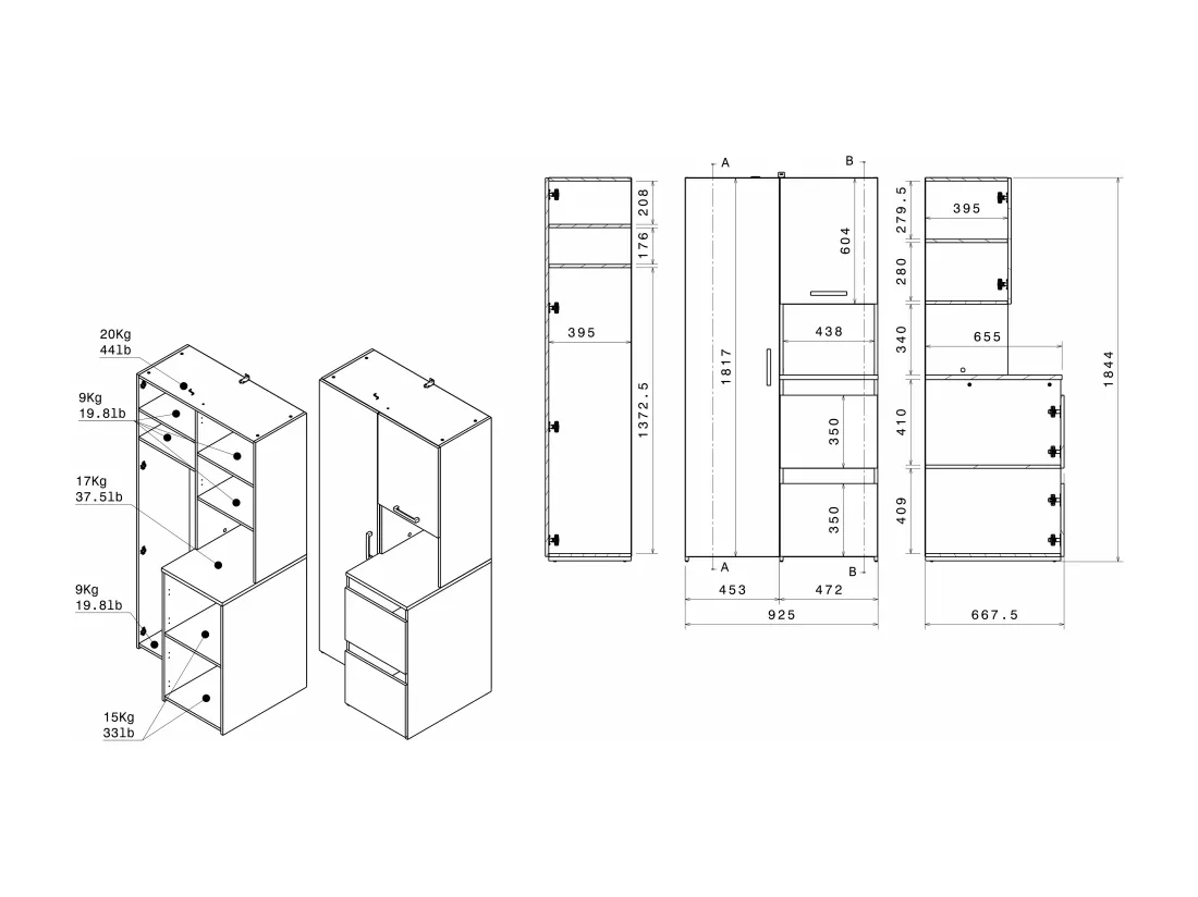 Meuble pour machine à laver avec étagères, placards et colonne de rangement - Naturel clair et blanc - L156 x H184 cm - ERKANO