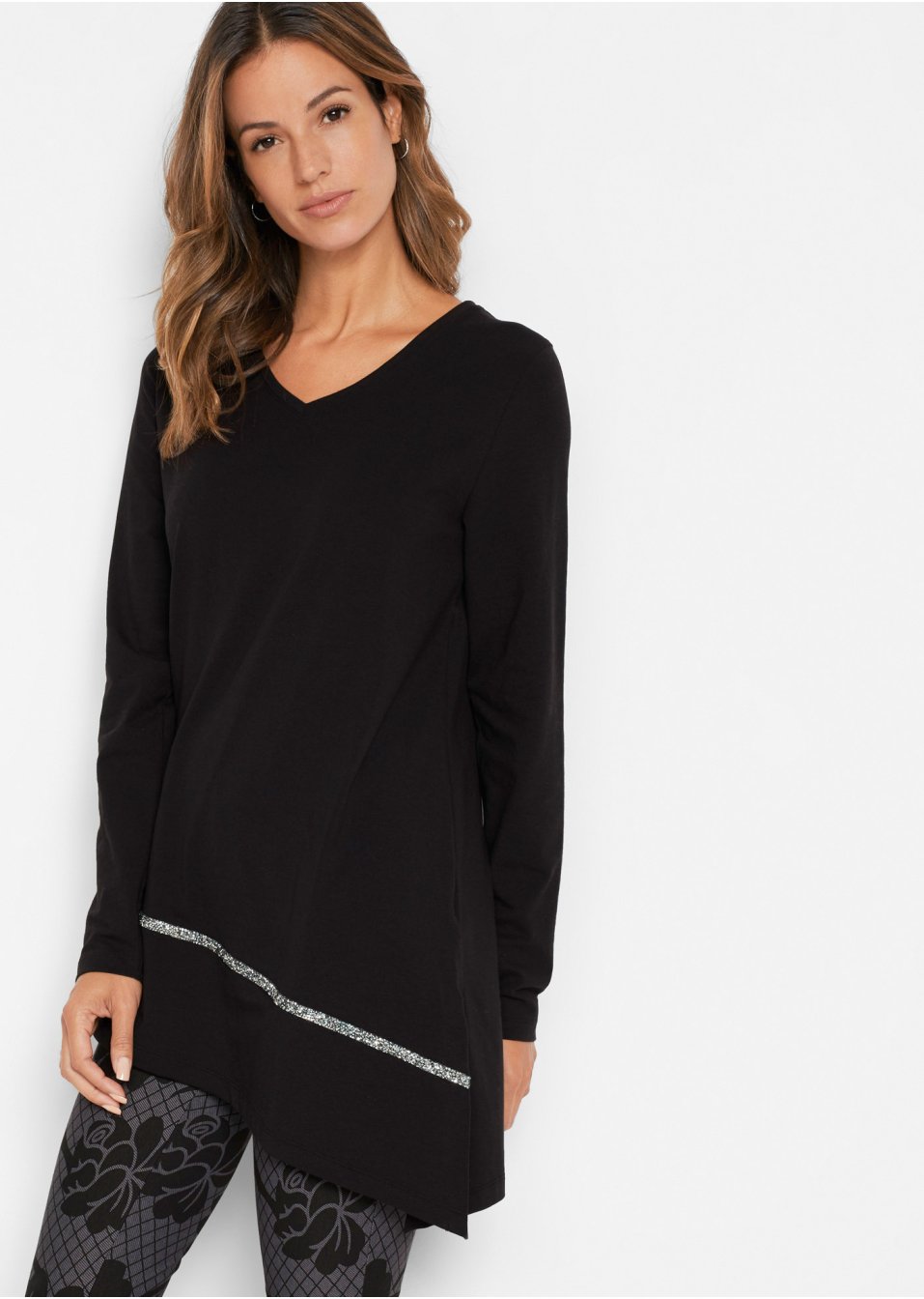 T-shirt long de coupe asymétrique avec effet brillant