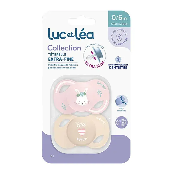 Luc et Léa Collection 2 Sucettes Anatomiques Tetine Extra-slim 0-6 mois Lapin