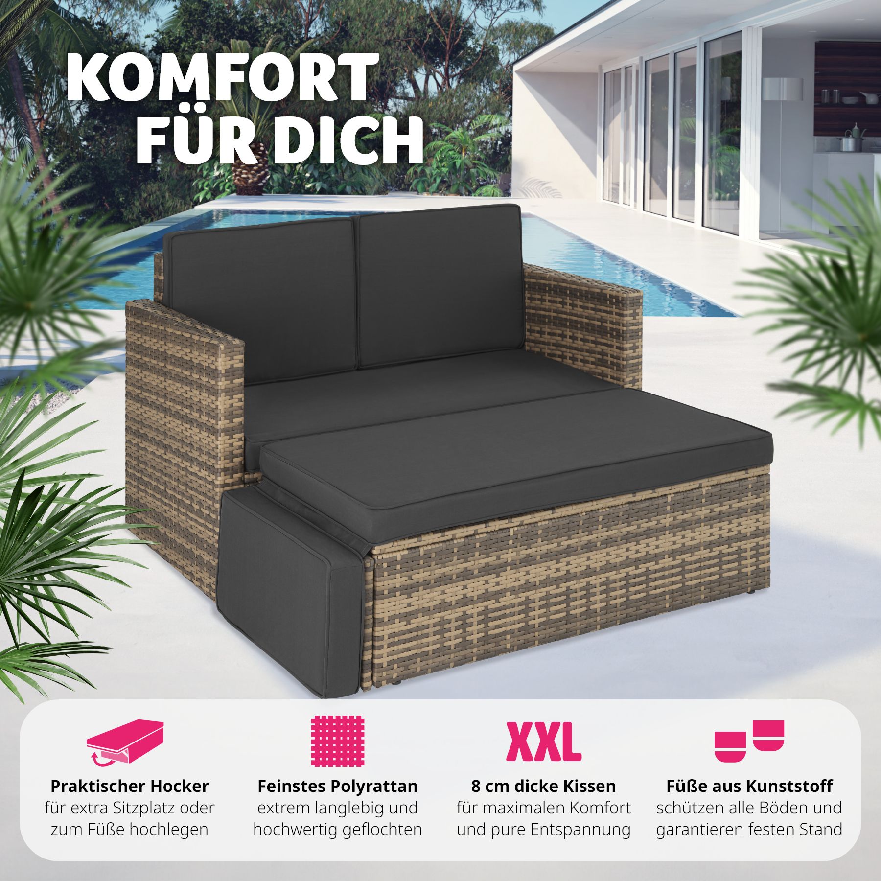 tectake® Rattan Lounge, 2-Sitzer, UV-beständig, Hocker mit klappbarer Stütze