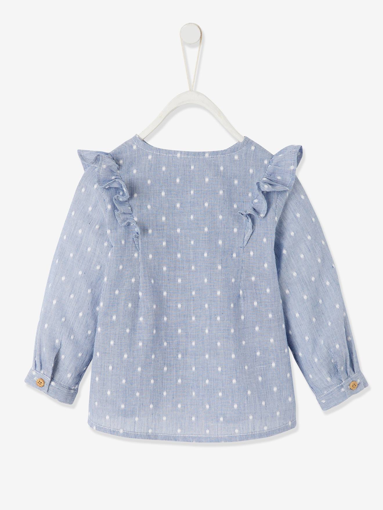 Blusa listrada azul-escura com babados para bebê menina