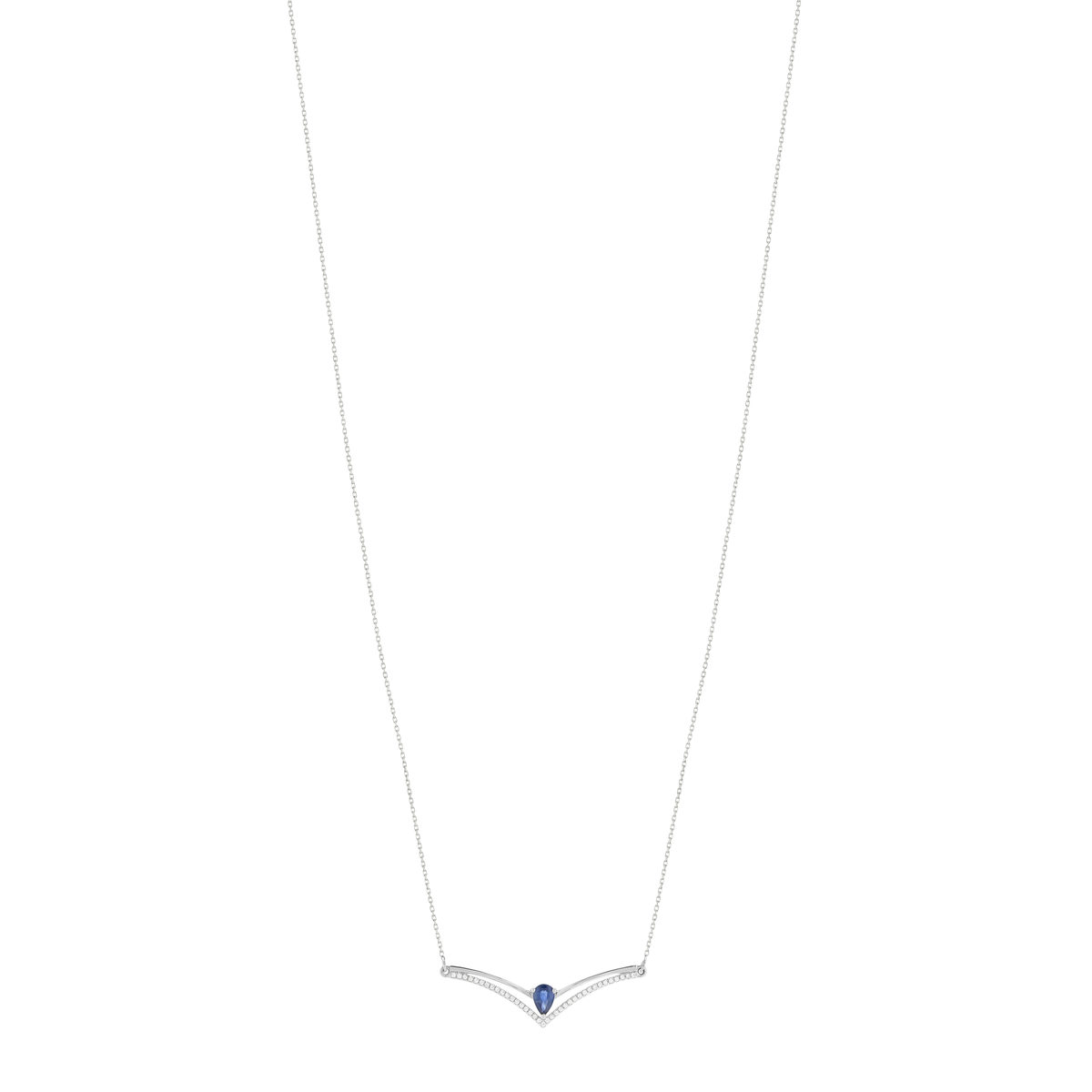 Collier or blanc 750, saphir, diamants. Longueur 45 cm.