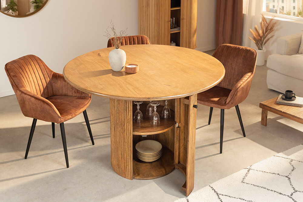 Runder Esstisch TRES CHIC 120cm braun Mangoholz Massivholz mit Stauraum