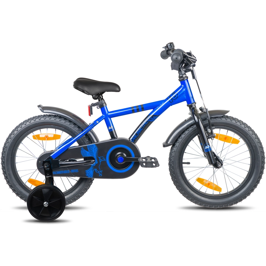PROMETHEUS BICYCLES® Kinderfahrrad 16, Blau Schwarz mit Stützrädern