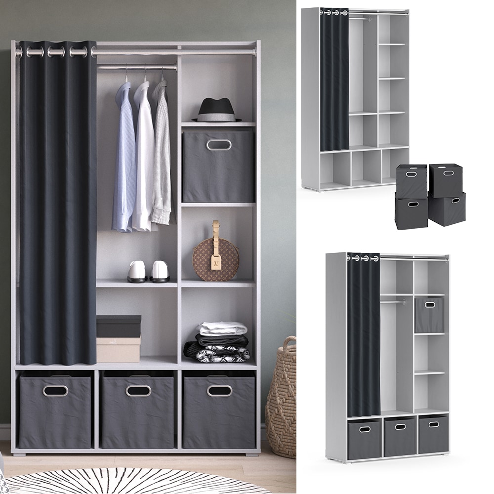 Vicco Kleiderschrank Schlafzimmerschrank Garderobe Luigi Hellgrau Faltbox 106 x 178 cm modern Schrankregal Organizer Vorhang Kleiderstange Fächer Aufbewahrung Ablage