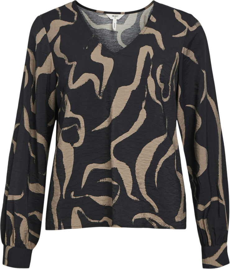 Object OBJJACIRA L/S V-NECK TOP NOOS Black/desert taupe abstract flower