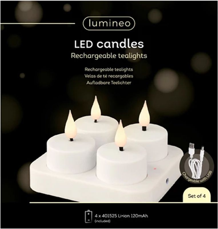 Lumineo Oplaadbare LED theelichtjes/waxinelichtjes - 4x st - wit - H4,5 cm - met oplaadstation