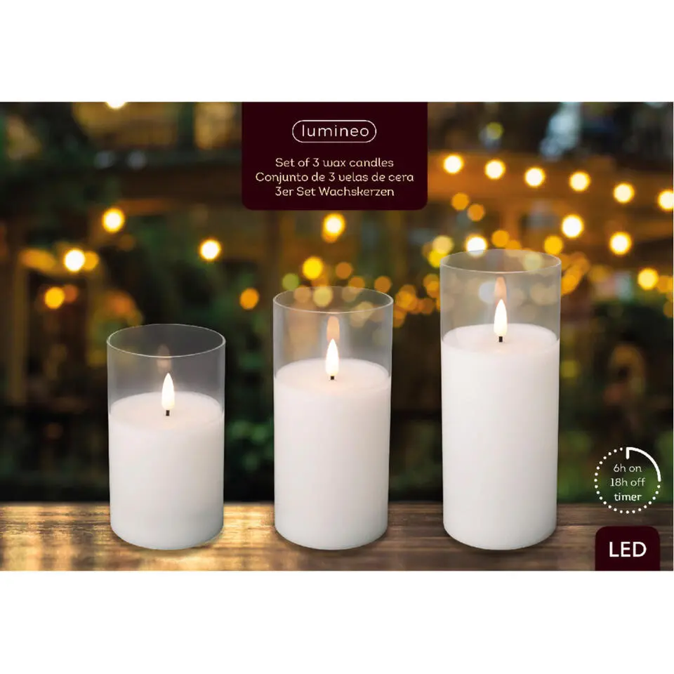 Lumineo LED stompkaarsen - 3x - wit- in glas - met timer