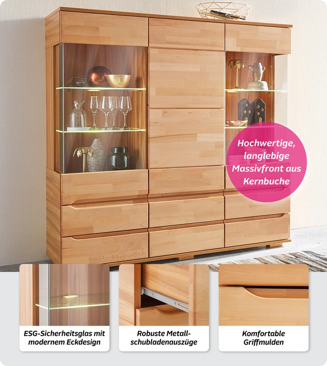 Home affaire Highboard »Vetro,150cm breit,40 cm tief,Fronten Massivholz,9 Fächer« Kernbuche massiv, Holzwerkstoff, 3Türen,6 Schubladen, Griffmulden