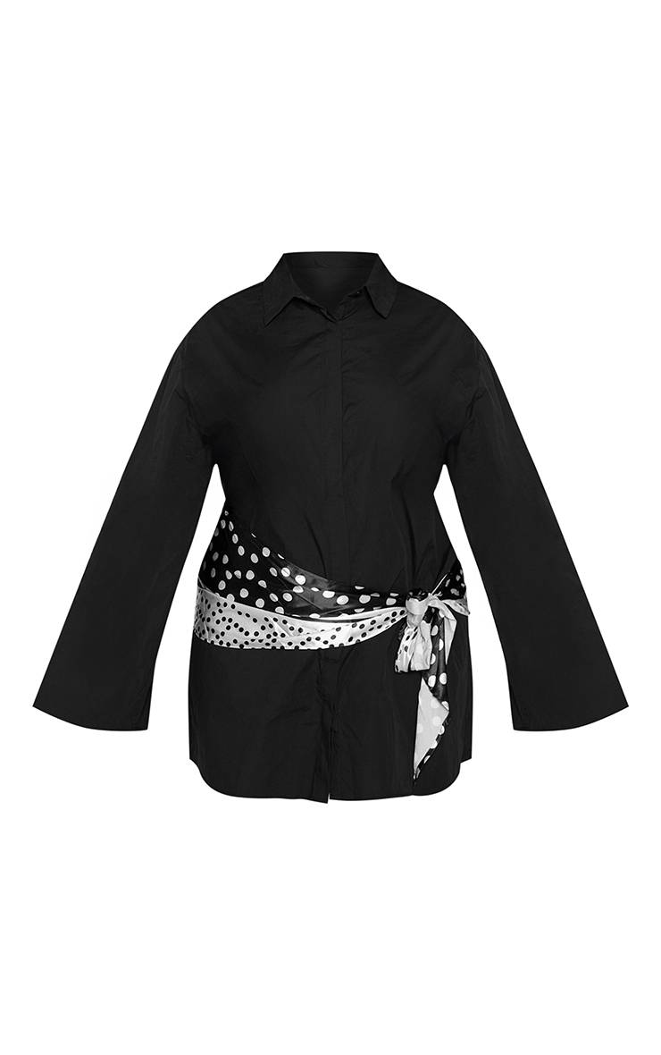 Noir Robe Chemise Grande Taille En Popeline Avec Détail Foulard Noué À La Taille