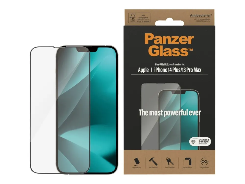 PanzerGlass™ | Antibacterial - Skærmbeskytter for mobiltelefon - Ultra-Wide Fit - rammefarve sort | Apple iPhone 13 Pro Max/14 Plus