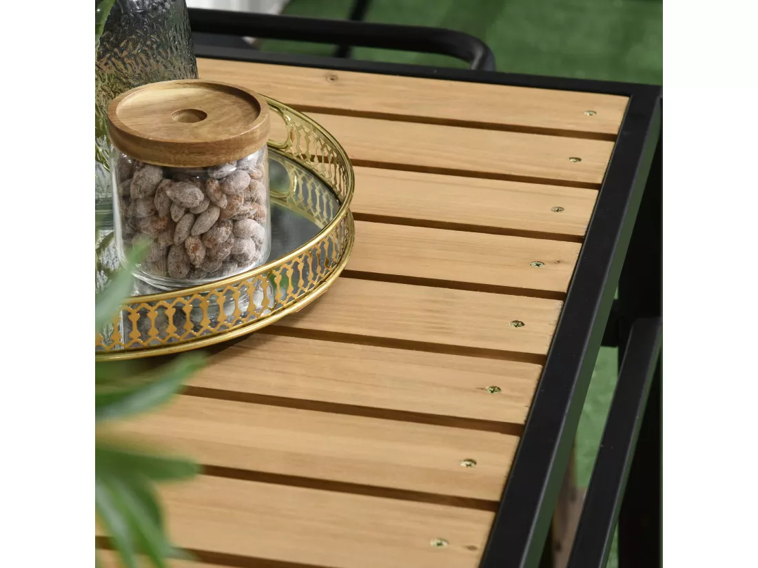Desserte de jardin chariot pour plancha barbecue en bois et métal avec 2 étagères et 3 crochets - 107 x 65 x 80 cm noir naturel