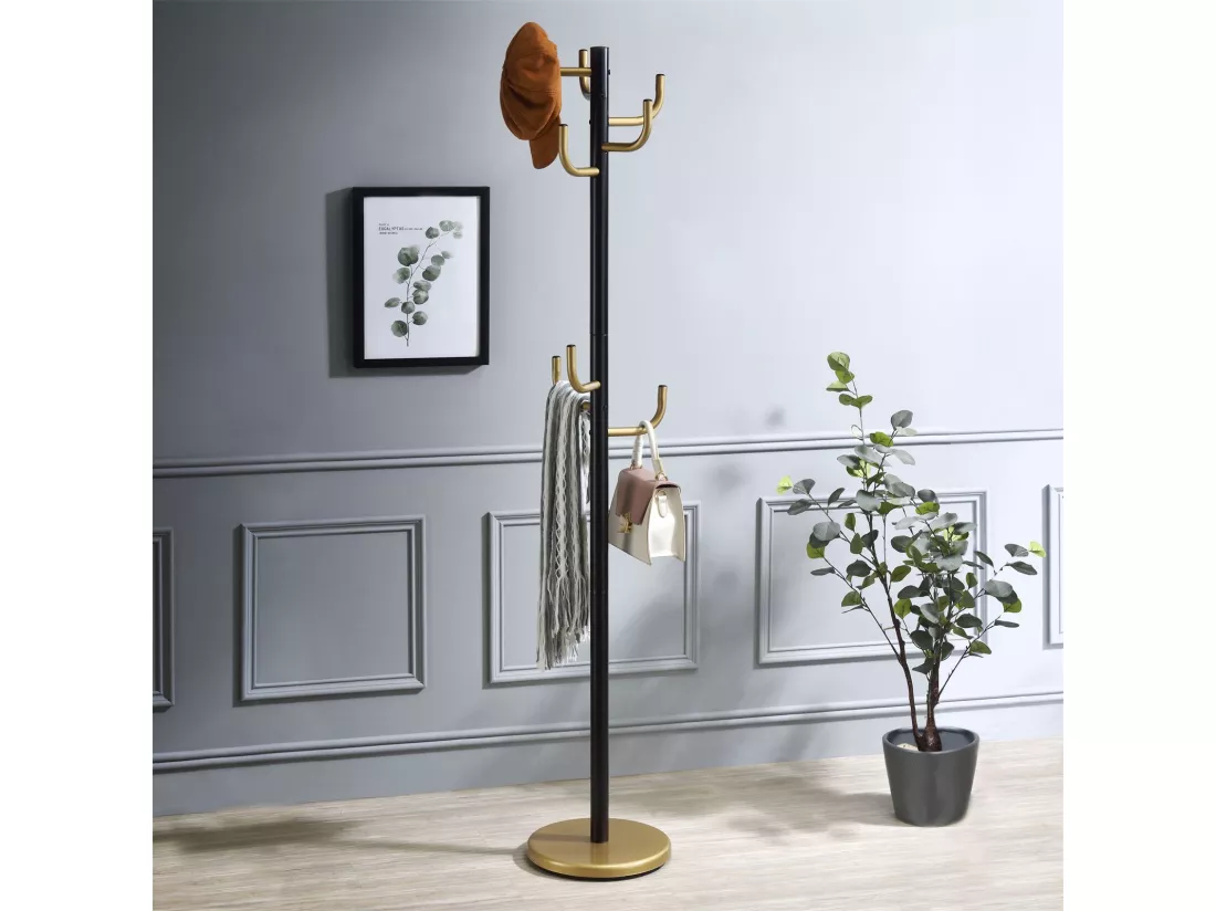 Porte-manteaux MILA portant pour vêtements sur pied hauteur 174 cm et 8 crochets, meuble d'entrée en métal laqué noir et or