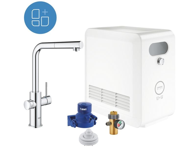 GROHE Küchenarmatur Blue Professional L-Auslauf Set Chrome Einhand-Spültischbatterie mit Filterfunktion und herausziehbarem Mousseurauslauf