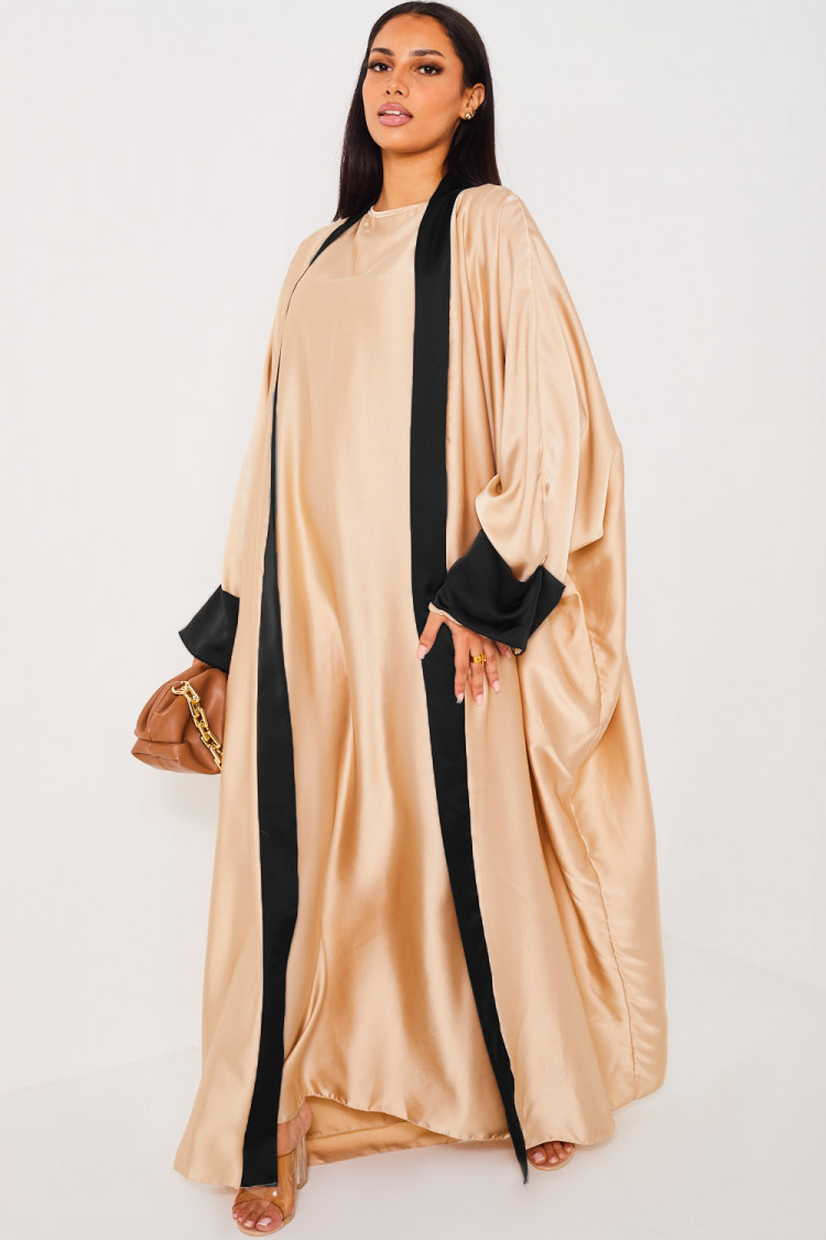 Ensemble 2 pièces robe + kimono beige à bandes noir