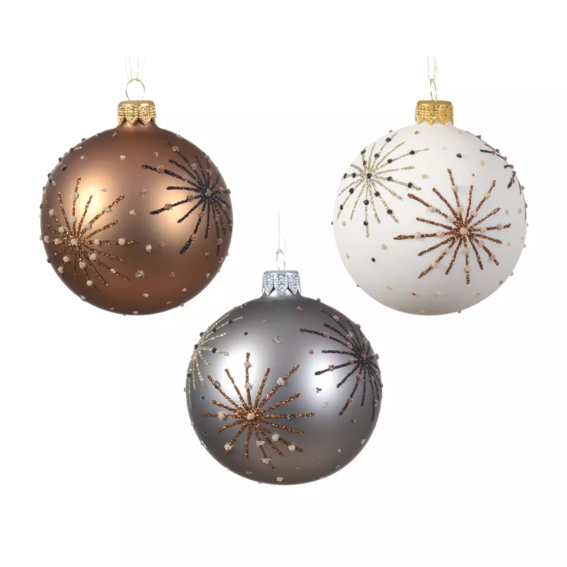Lot de 6 boules de Noël (D80 mm) en verre Kery Blanc laine, Noix de pécan et Gris marbre