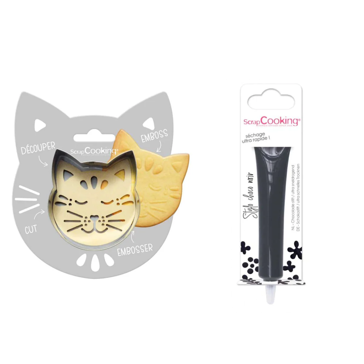 Kit pour biscuit en relief Chat + Stylo au chocolat noir Scrapcooking