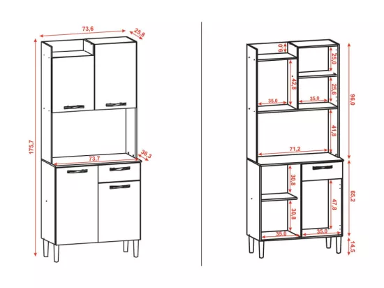 Buffet de Cuisine 4 Portes 1 Tiroir Chêne et Blanc L 73.6 H 175.7 P 36.3 cm