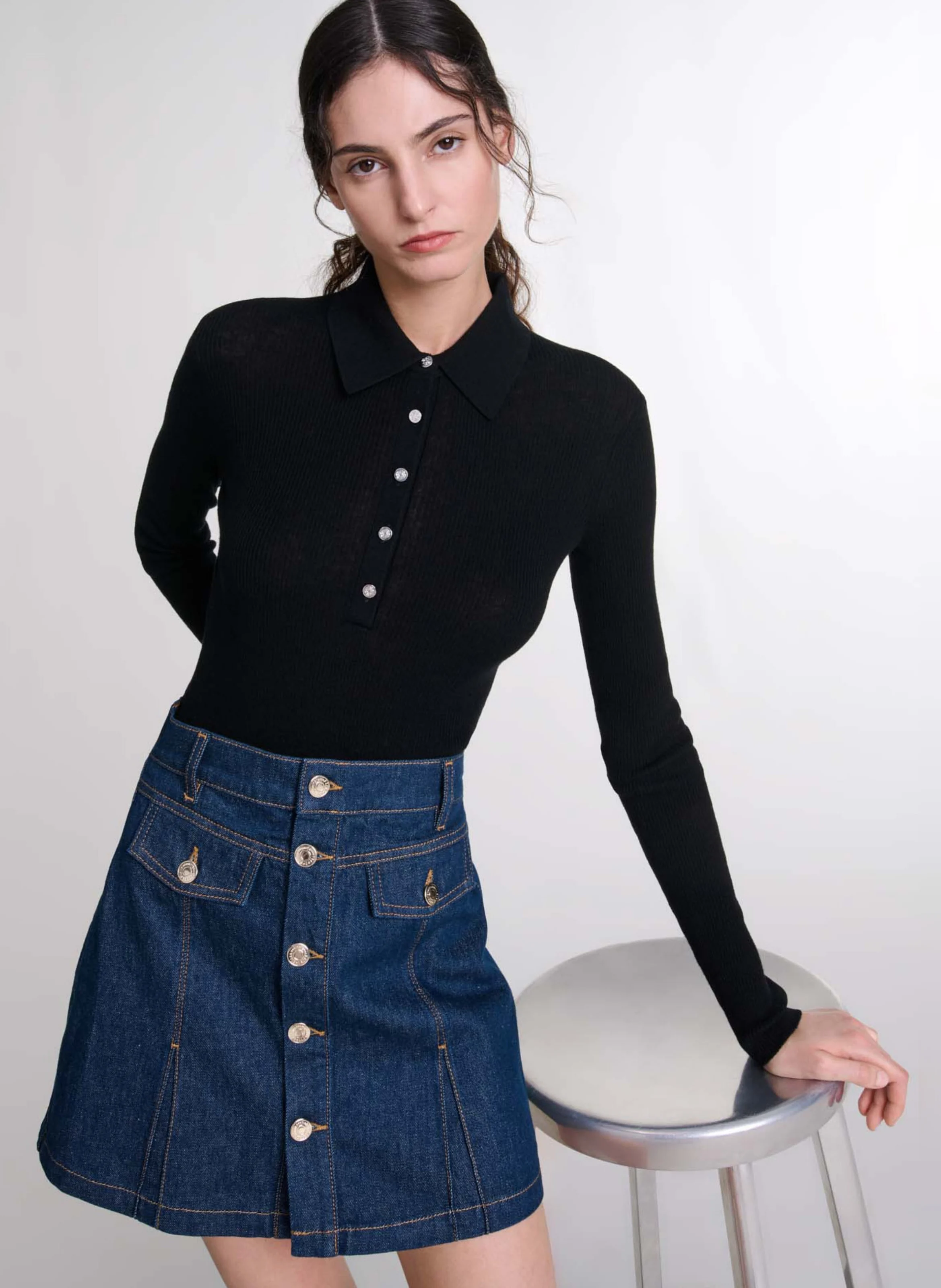 Body col polo en laine mélangée | Noir