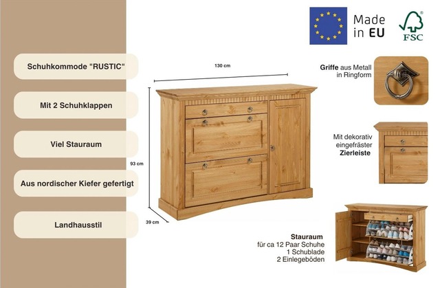 Home affaire Schuhkommode »Rustic« Bis max. Schuhgrösse 42,  aus massiver Kiefer, Breite 130 cm, für ca. 2 x 12 Paar Schuhe