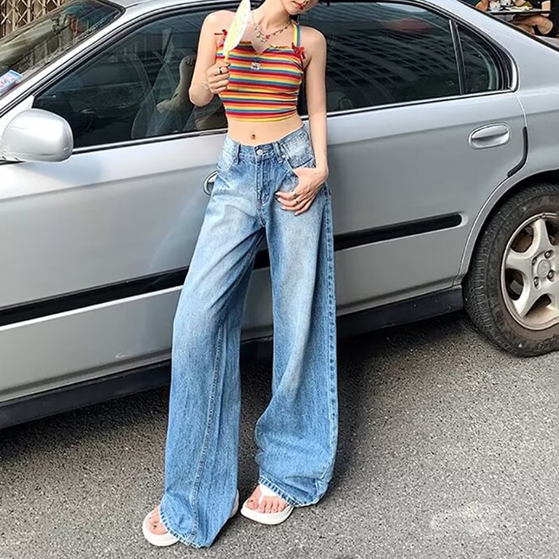 CRIBI - Mid Rise Washed Wide Leg Jeans