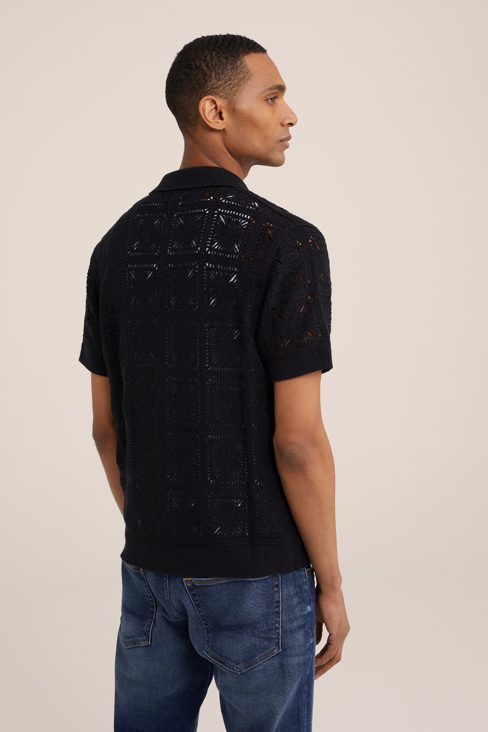 polo met opengewerkt dessin WE Fashion Zwart