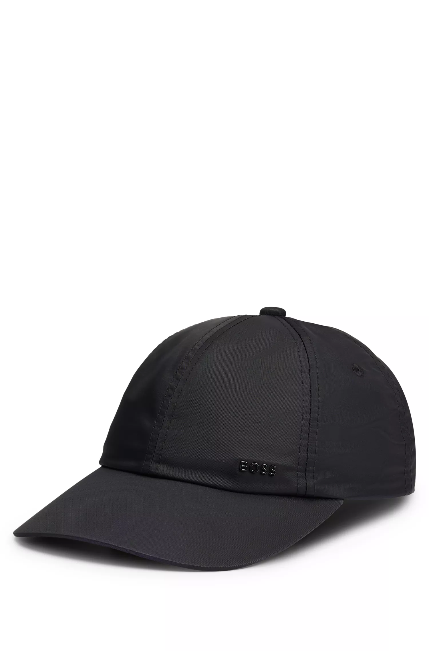 Boné BOSS preto de seis painéis, repelente à água, com logotipo metálico.