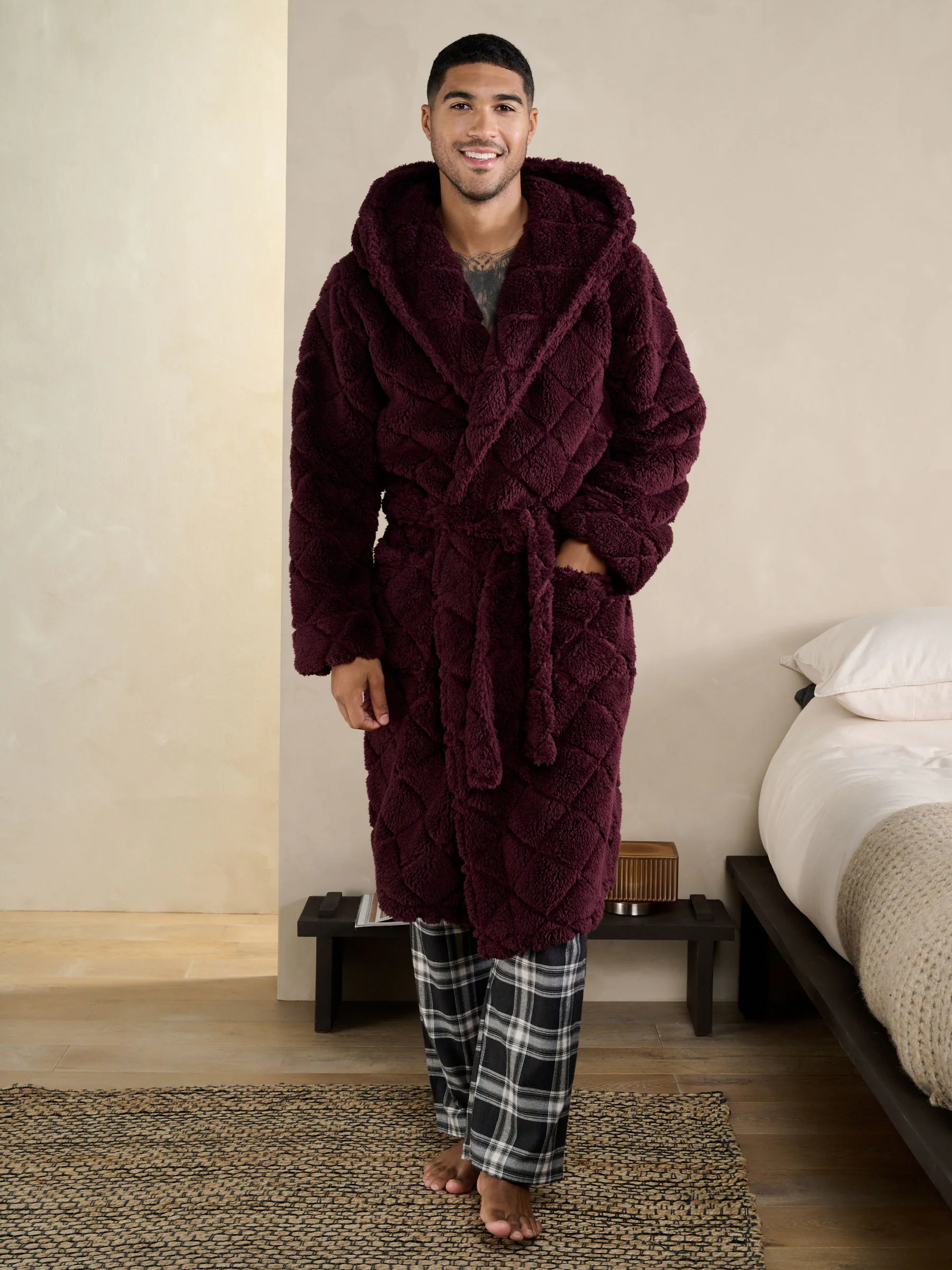 Bordeauxrood - Patterned Cut Borg Dressing Gown