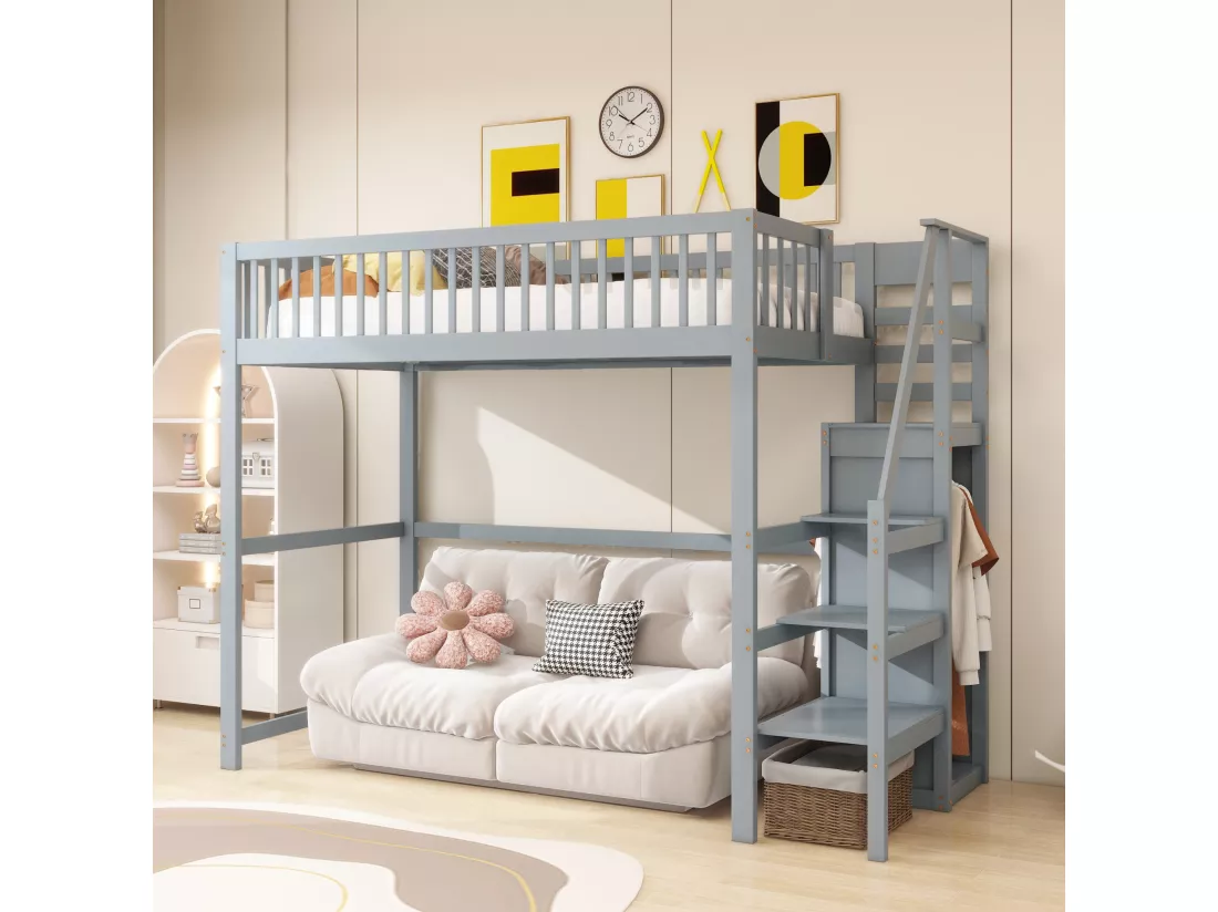 Lit mezzanine 90 x 200 cm avec armoire et escalier - Bois massif + contreplaqué + MDF - Gris (Sans matelas)