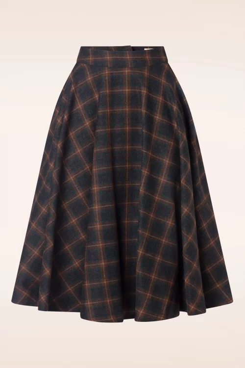 Timeless Sophie wollen geruite rok in roestbruin en blauw
