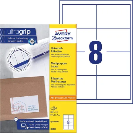 Avery Zweckform 3660 Universal-Etiketten,A4 mit ultragrip,97 x 67,7 mm, 100 Bogen/800 Etiketten, weiß