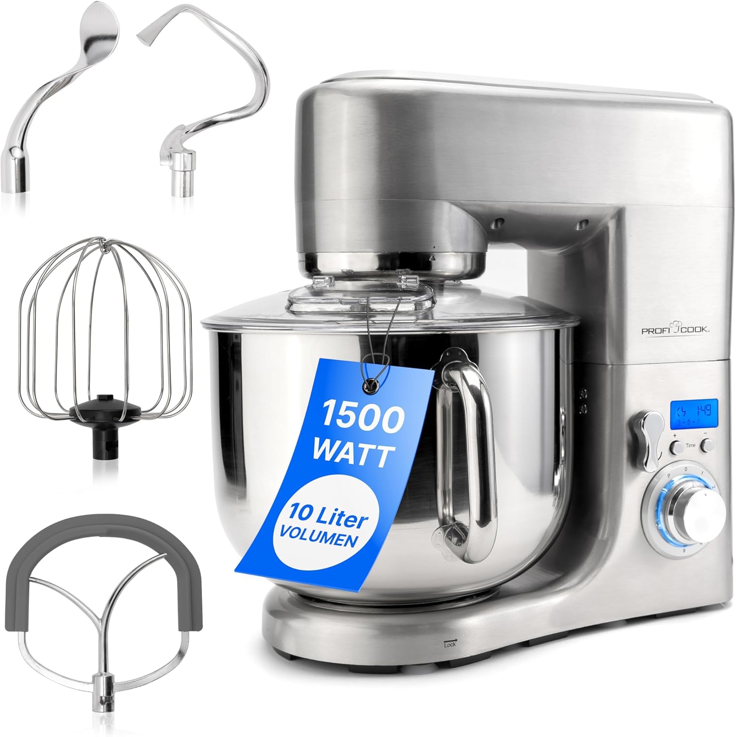 ProfiCook® Küchenmaschine mit XXXL-Edelstahlschüssel | Rühgerät 10L mit 1500W Motor | Knetmaschine inkl. Haken & Schneebesen | Teigknetmaschine Spritzschutz mit Nachfüllöffnung | PC-KM 1096