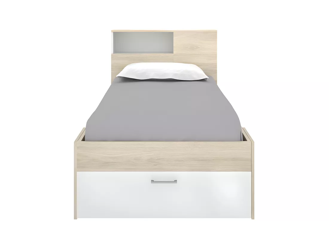 Lit avec tête de lit rangements et tiroir - 90 x 190 cm - Blanc et Naturel + Sommier - LEANDRE