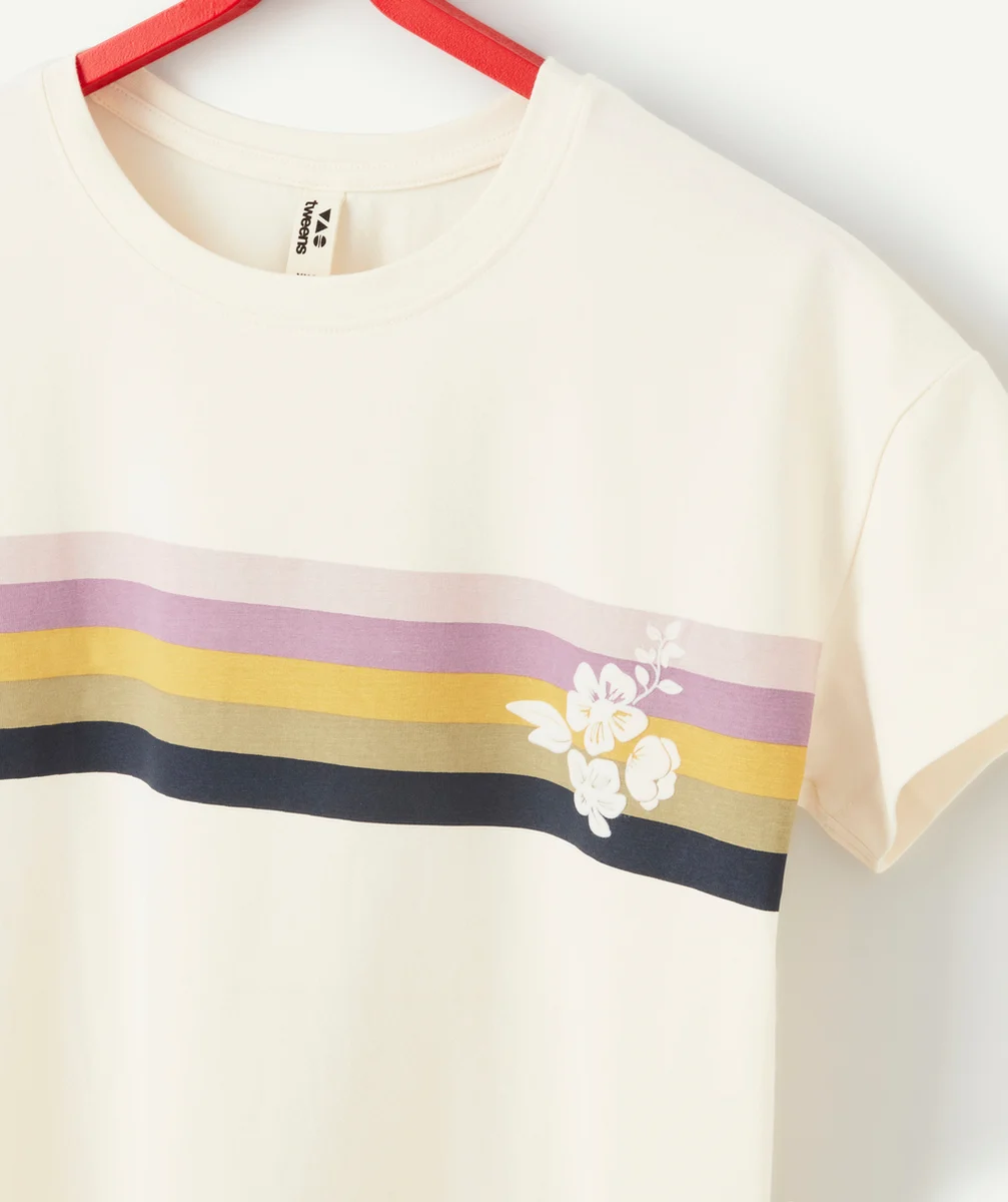 T-SHIRT FILLE EN COTON BIO ÉCRU AVEC BANDES COLORÉES