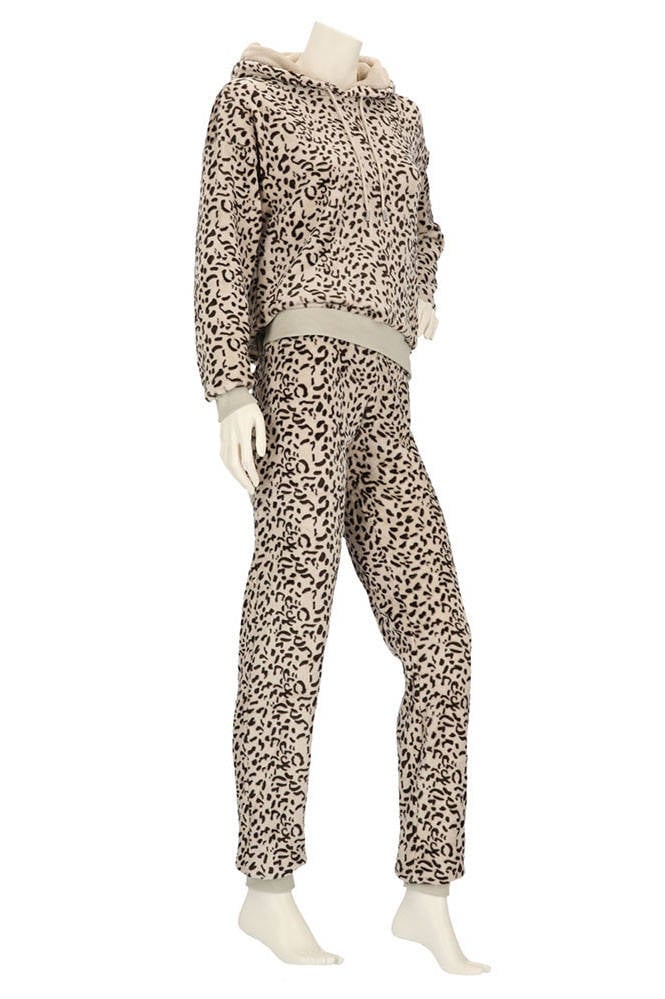 Apollo fleece huispak met capuchon ecru/zwart