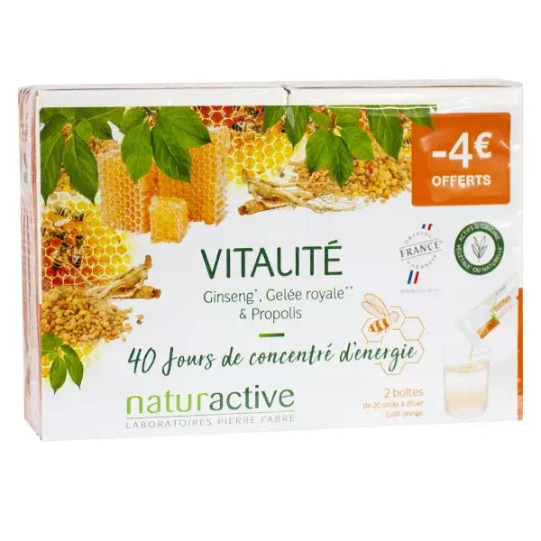 Naturaactive Vitality Ginseng, Geleia Real e Própolis Sabor Laranja - Pacote com 2 x 20 sachês