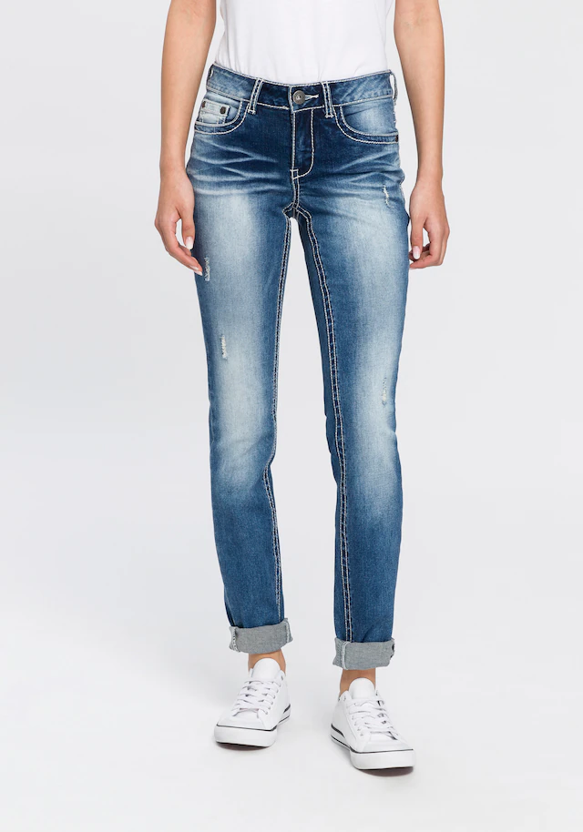 Arizona Skinny-fit-Jeans »mit Kontrastnähten und Pattentaschen« lange Beinform,  mit Destroyed-Effekten,  niedrige Leibhöhe