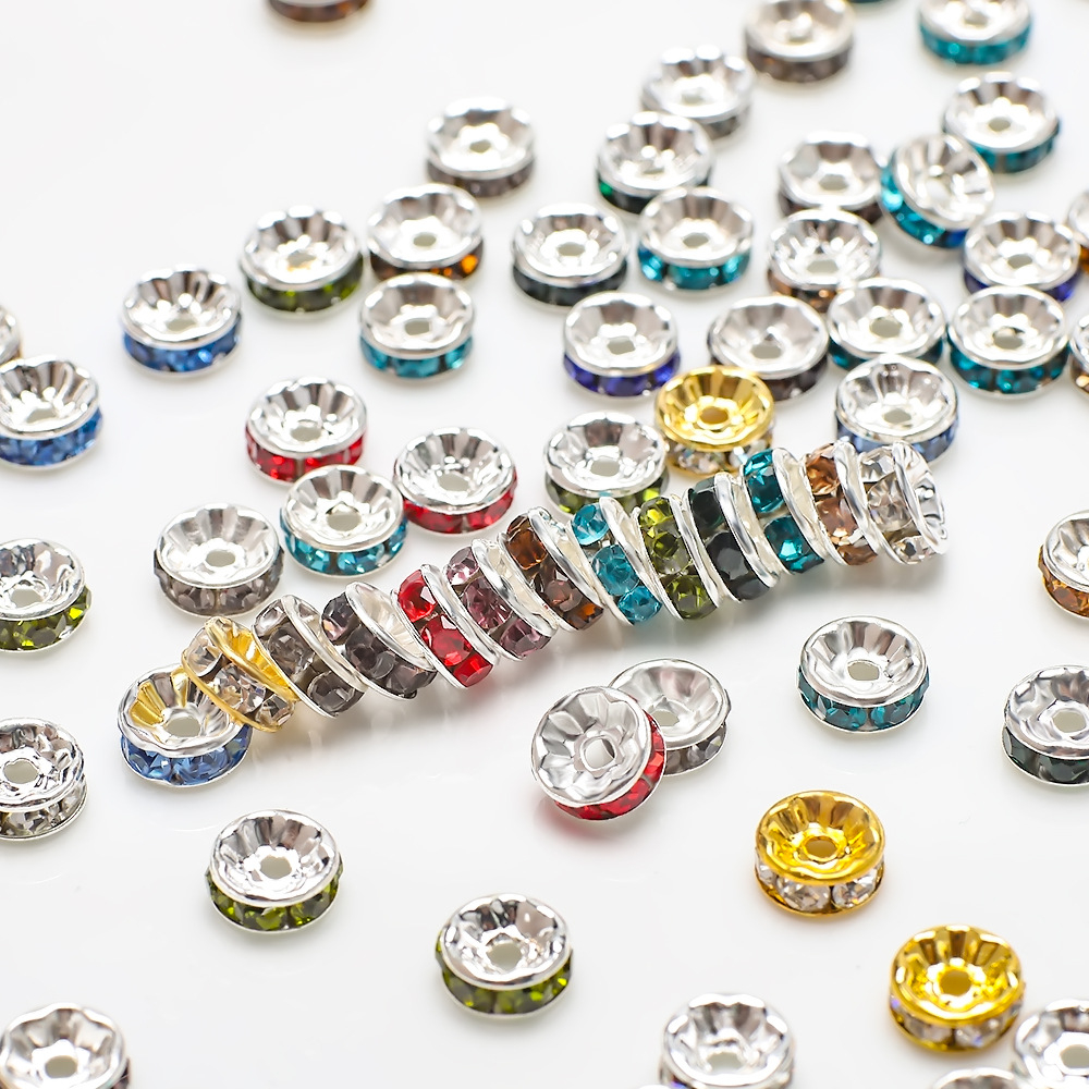 (50er Set) Strass Perlen DIY Bastel Schmuck Glitzer Zwischenperle für Armband / Kette - Silber / Assortiert