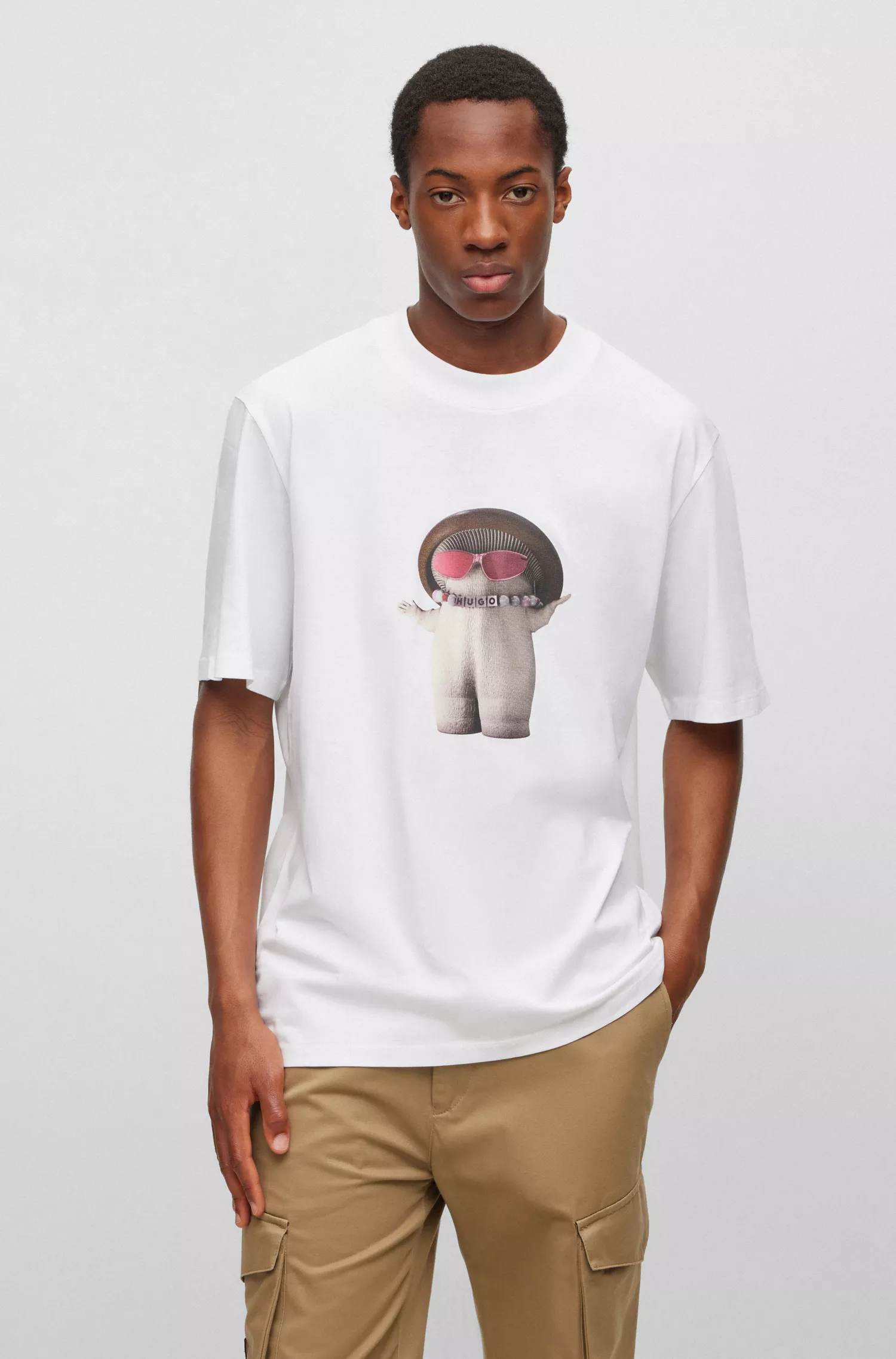 Camiseta HUGO vermelha de malha de algodão com estampa de cogumelos e modelagem relaxada.