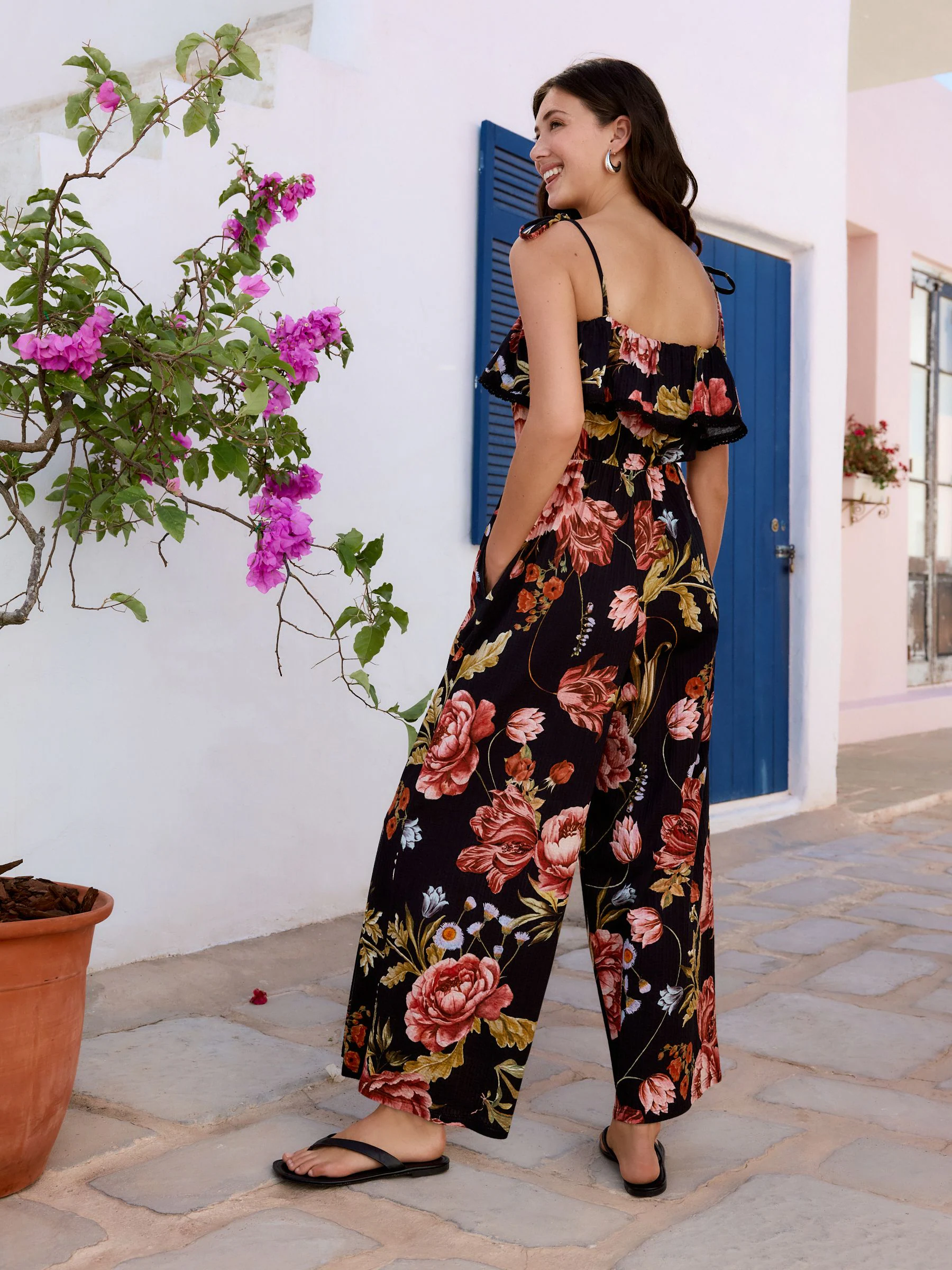 Zwart/roze - Bandeau-jumpsuit van jersey met wijde pijpen