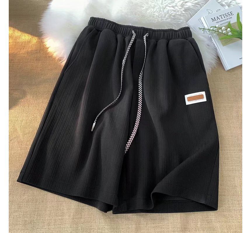 Acrius - Hoge taille label applicatie effen wijde pijp shorts