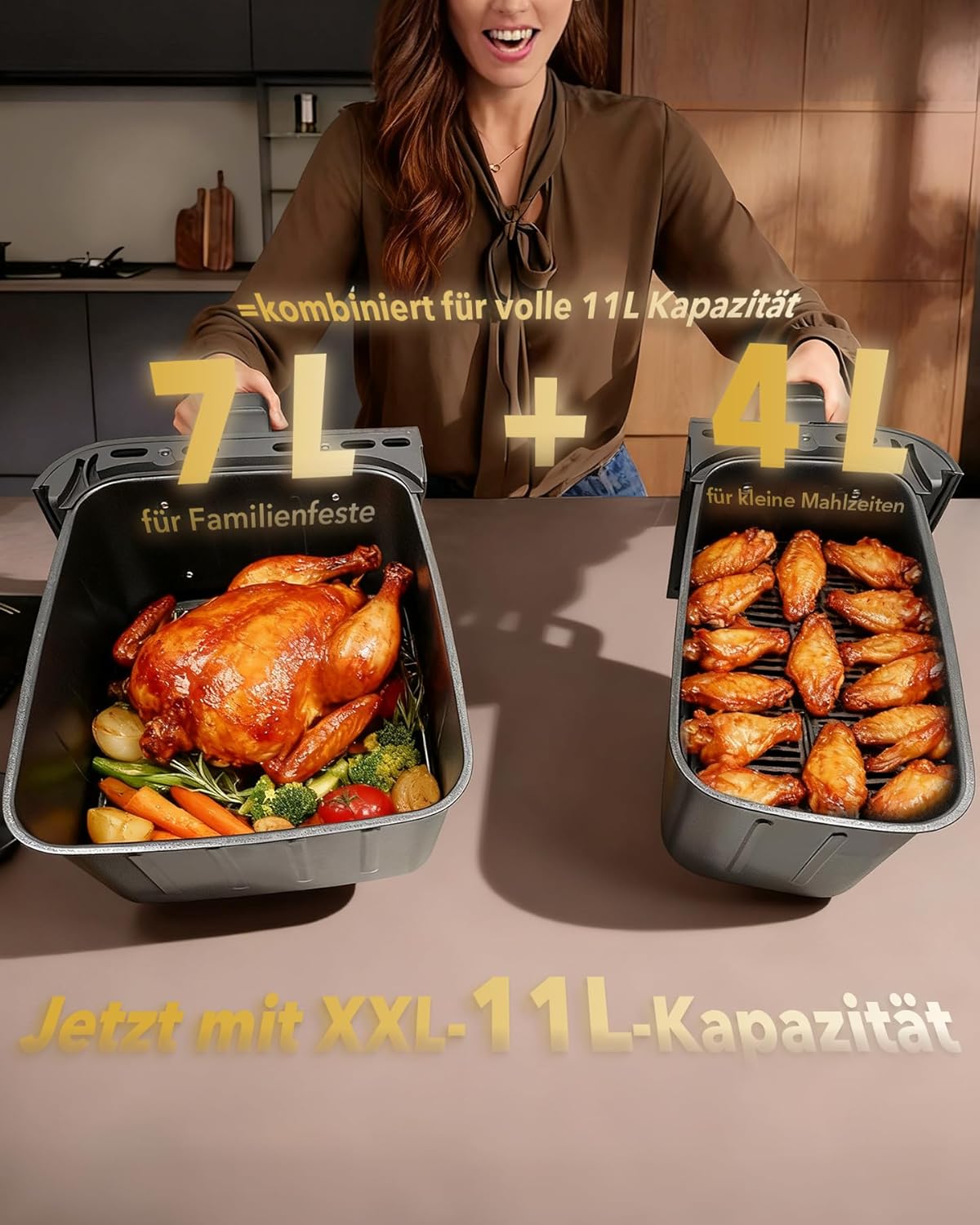 Heißluftfritteuse 2 Kammern, 2600W 11L Airfryer XXL(4+7L) WELLENT 10-in-1 Heissluftfritteuse Doppelkammer Air fryer Dual Zone mit Touchscreen, Match & Synchronisierungsfunktion, spülmaschinenfest