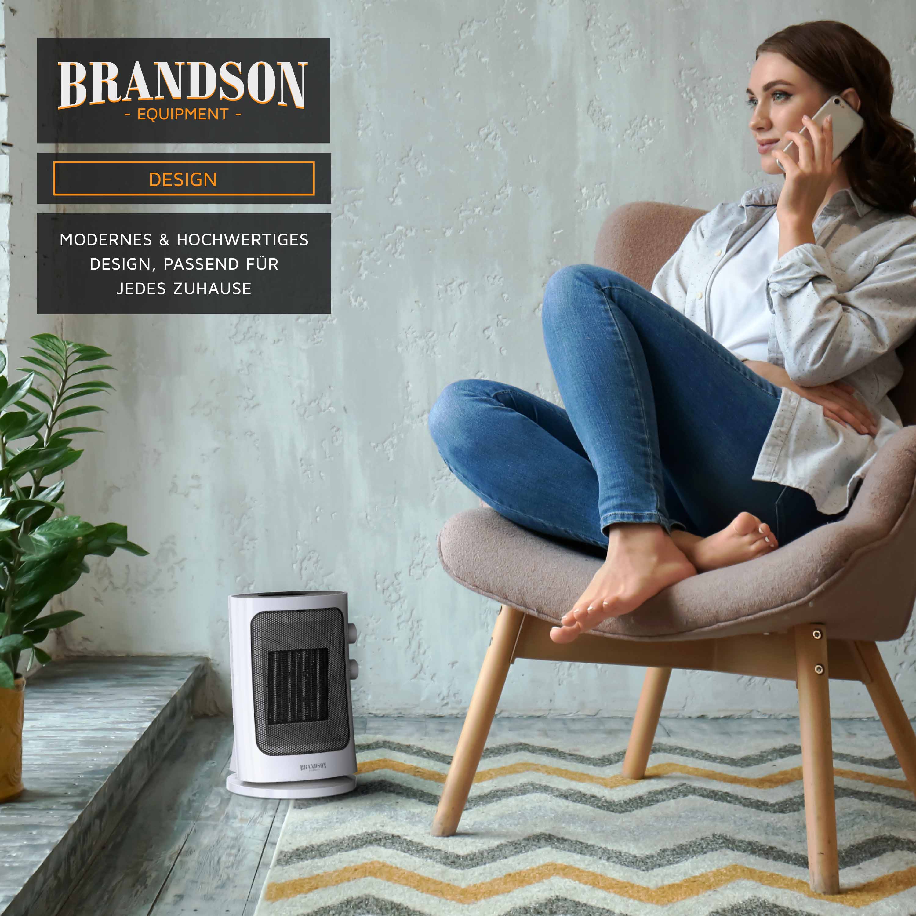 Brandson 1500W Keramik Heizlüfter mit 2 Leistungsstufen, Tragegriff & Oszillation, Überhitzungsschutz, Thermosicherung, Umkippschutz, Weiß